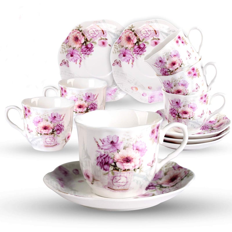 GuangYang 7 oz Porcelain Tea Cups and Saucers set of 6,Purple Fancy Floral Pattern (Perfect for Cappuccino, Flat white Coffee, Americano, Hot Tea, or Desserts) - Image 1